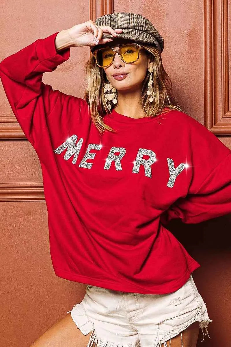 BiBi Merry Glitter Christmas Drop Shoulder Women's Top
