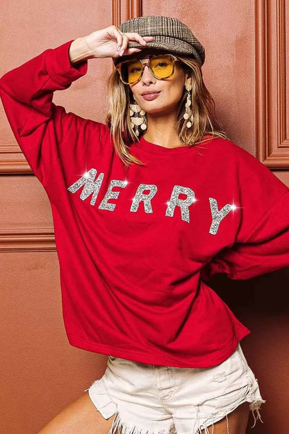 BiBi Merry Glitter Christmas Drop Shoulder Women's Top