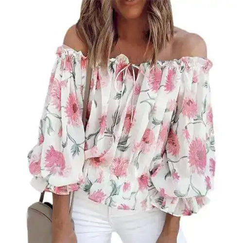 Women's Off-Shoulder Chiffon Print Long Sleeve