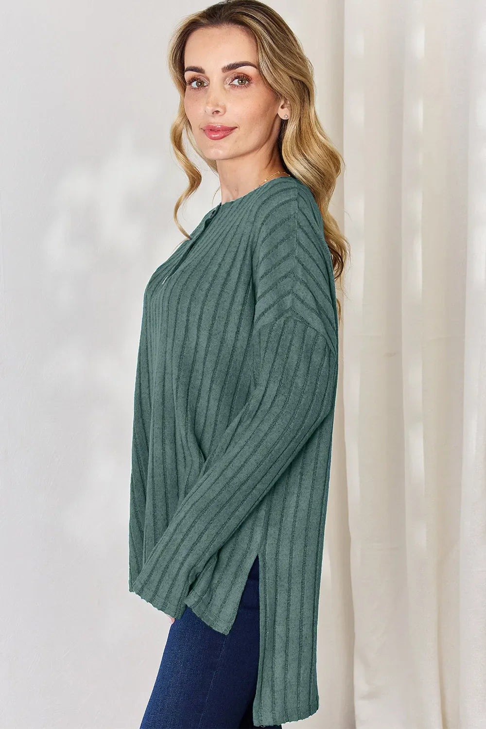 Basic Bae Full Size Ribbed Half Button Long Sleeve High-Low Women's T-Shirt - The Eggy's store