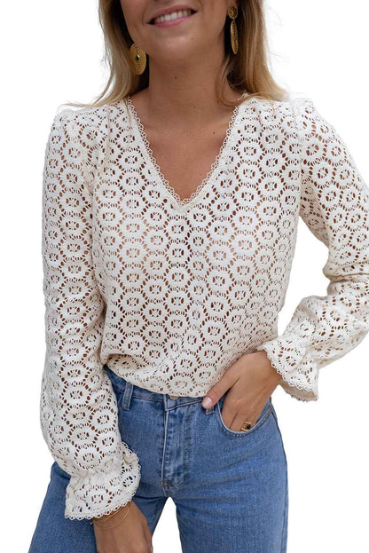 Beige Flower Lace V Neck Puff Sleeve Blouse For Women