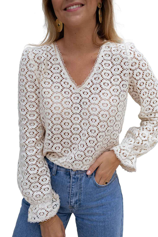 Beige Flower Lace V Neck Puff Sleeve Blouse For Women