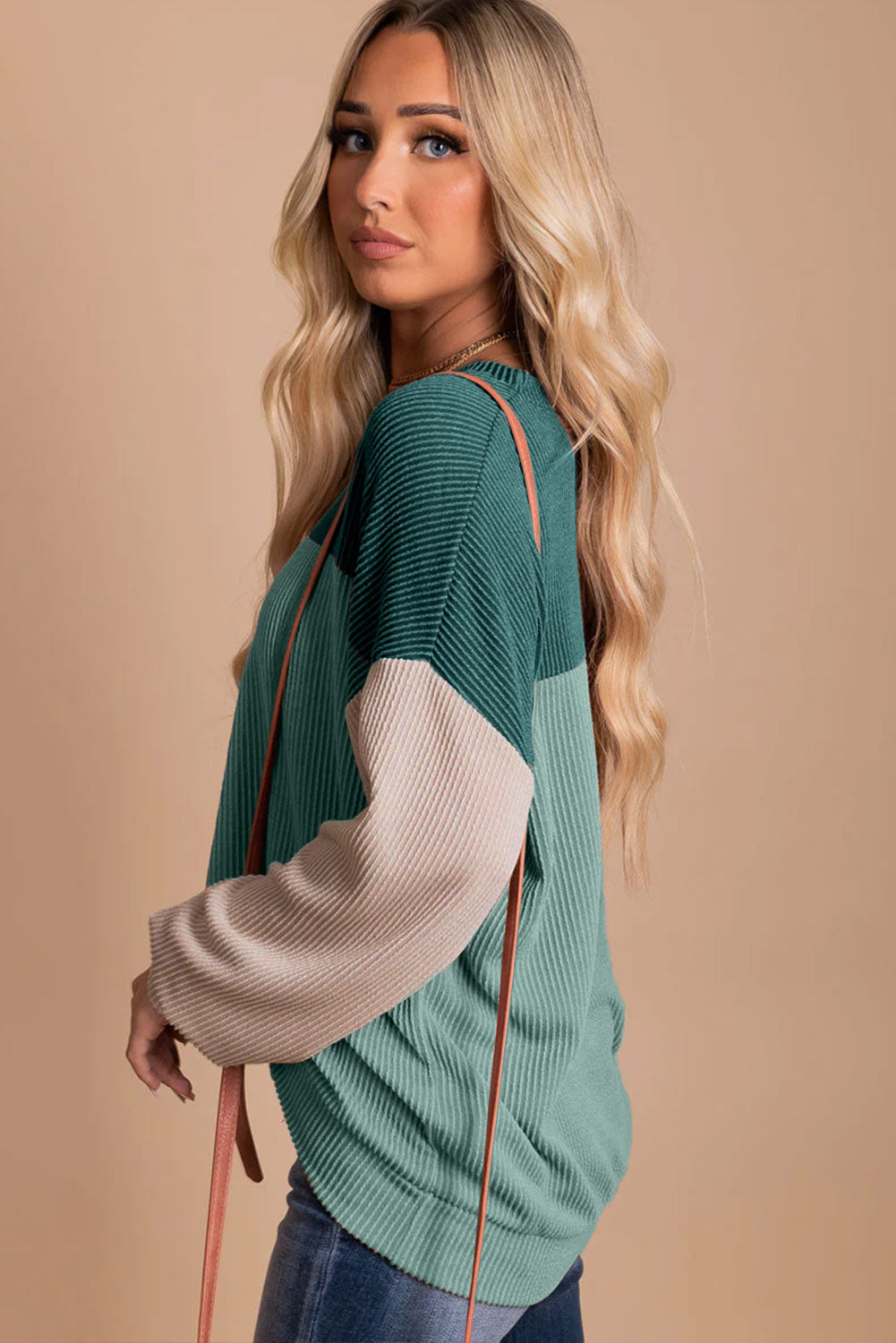 Khaki Color Block Long Sleeve Ribbed Loose Women's Top