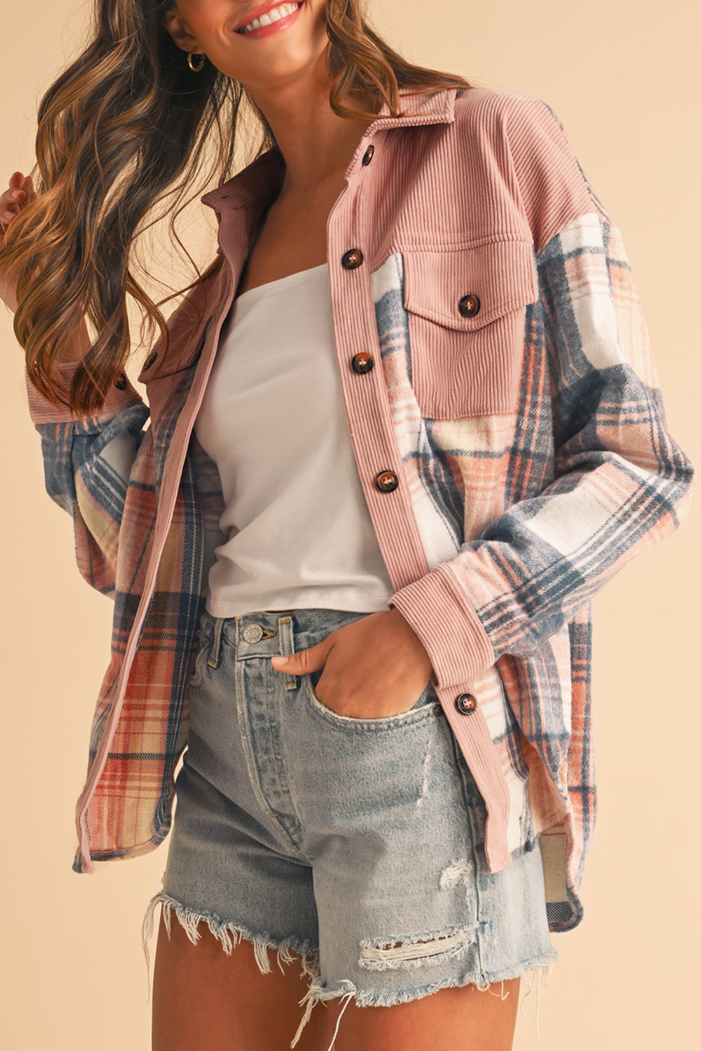 Cinnamon Plaid Corduroy Patchwork Pocket Loose Shacket - The Eggy's store