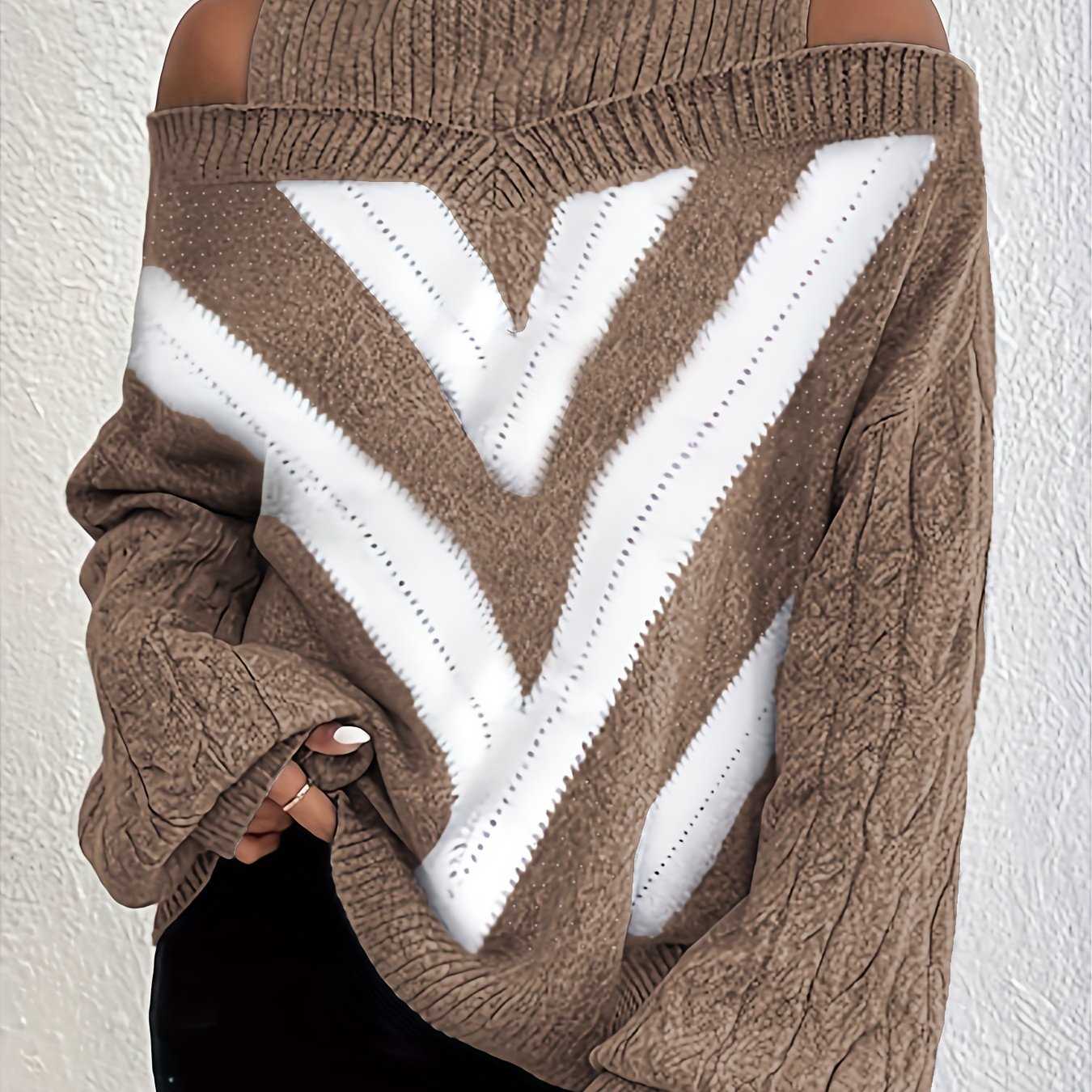 Elegant Plus Size Off Shoulder Striped Cable Knit