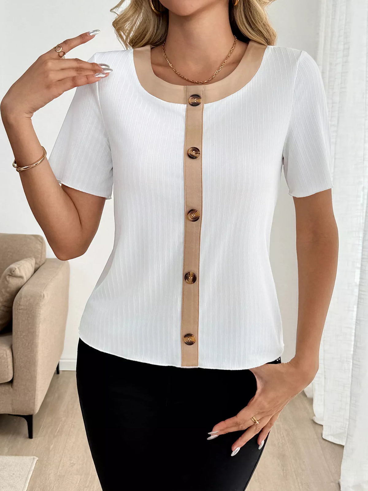 Decorative Button Round Neck Short Sleeve Blouse
