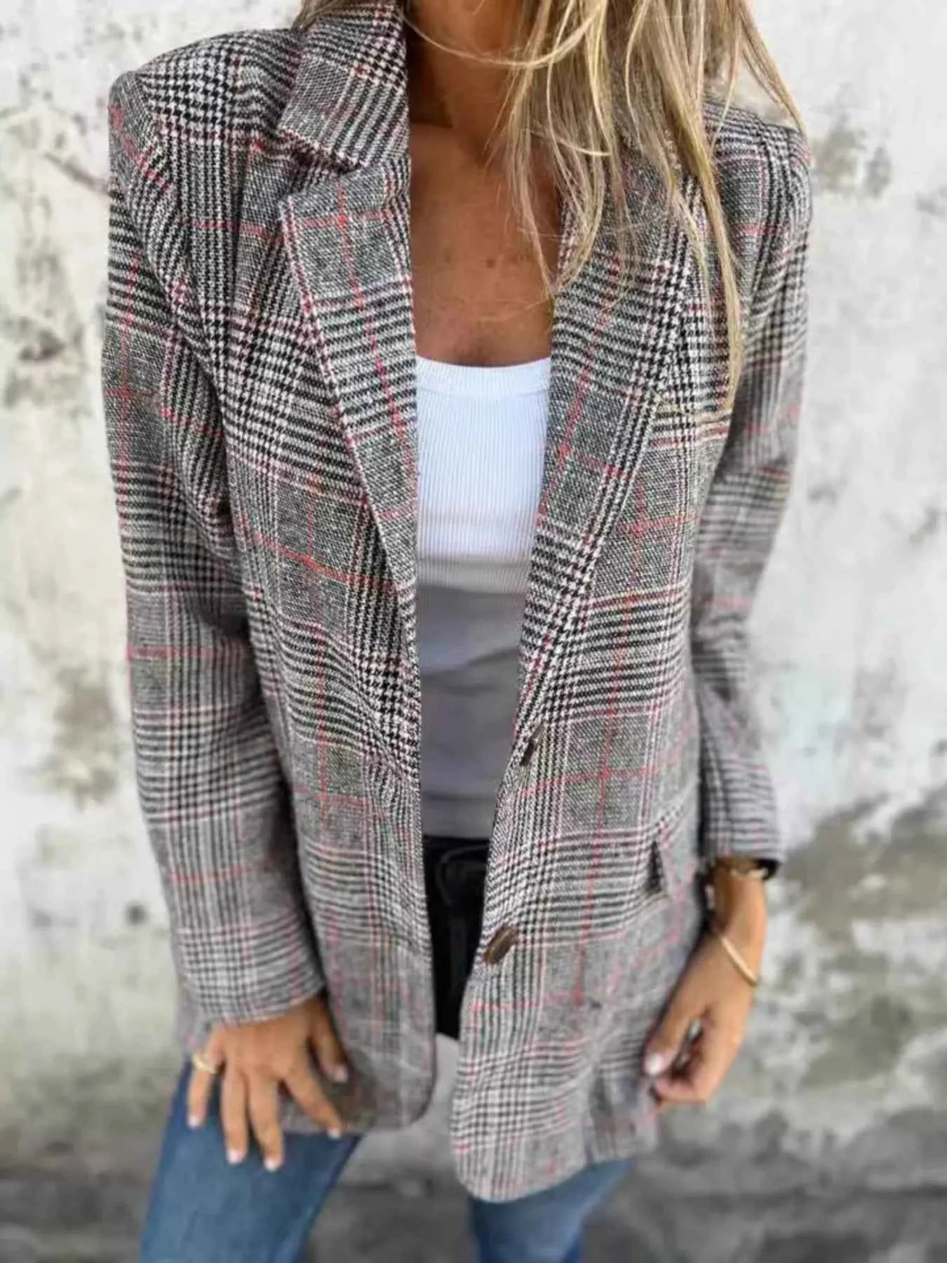 Full Size Plaid Single-Breasted Long Sleeve Blazer Plus Size