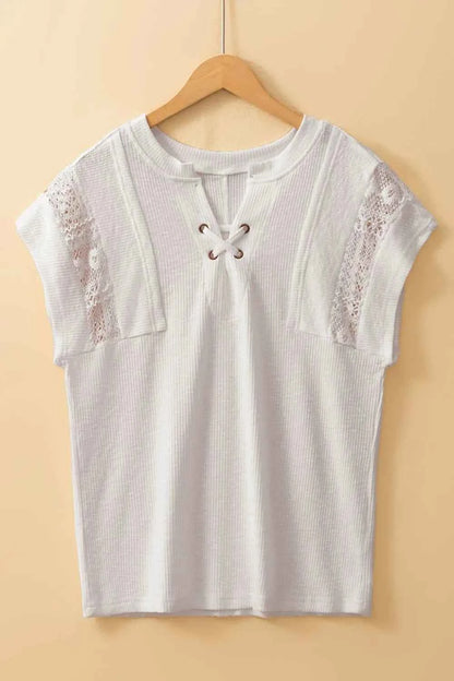 Ribbed Texture Lace Patchwork Short Sleeve Top