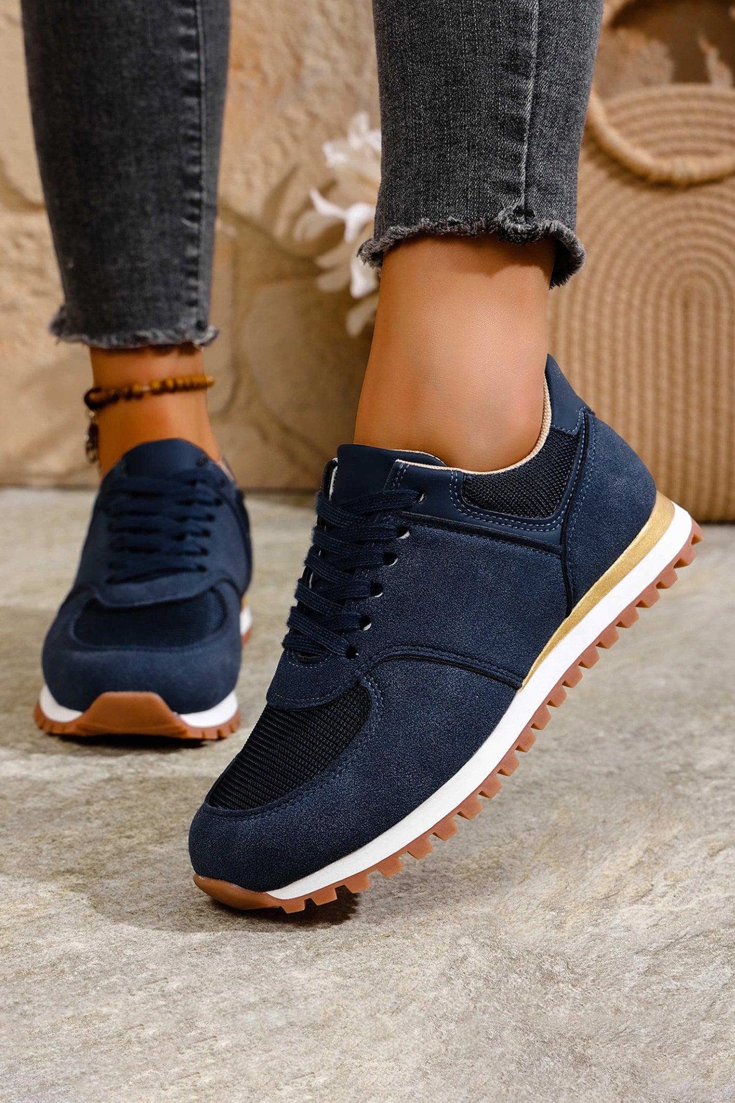 Navy Blue Faux Suede Mixed Patchwork Retro Jogger Sneakers
