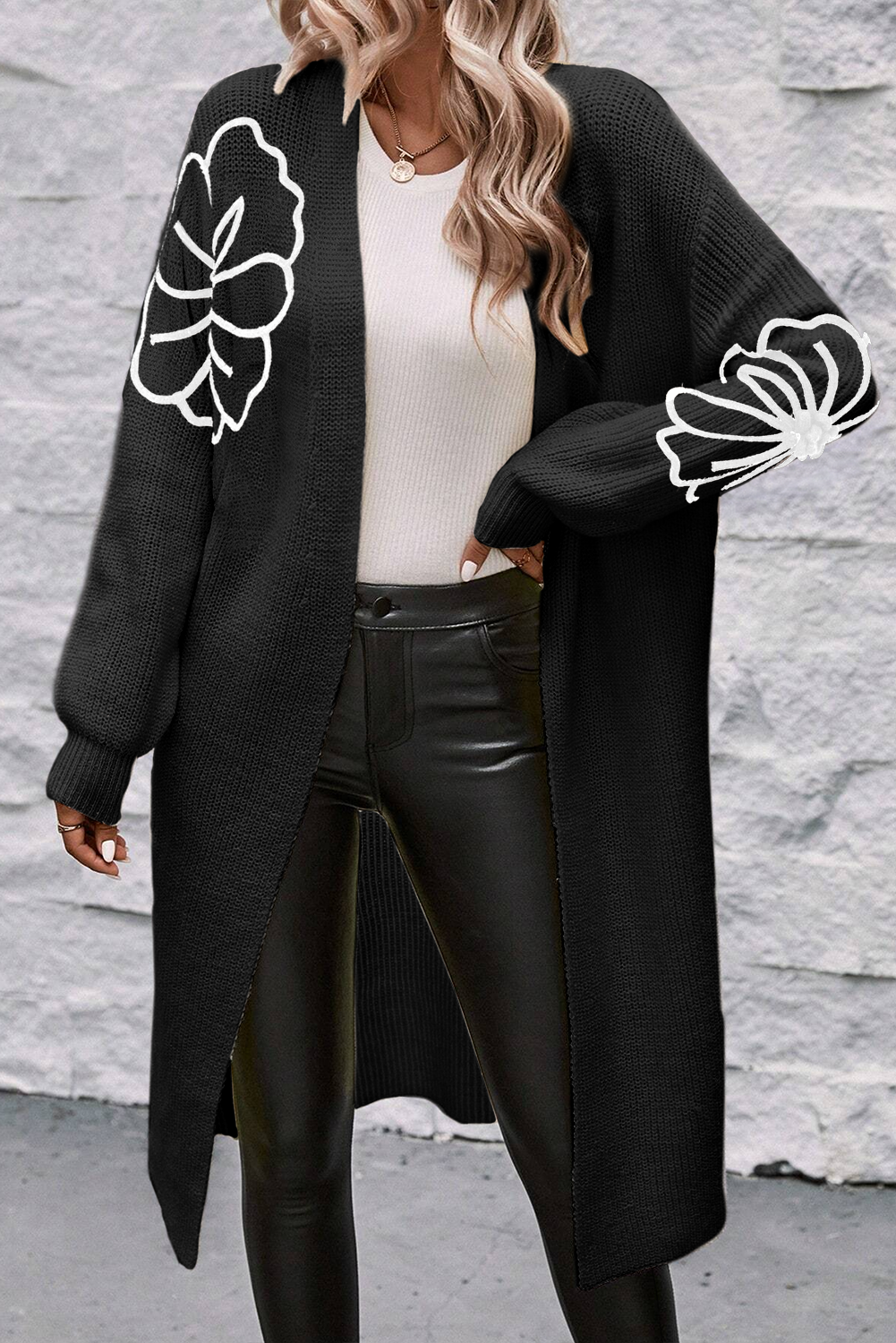 Flower Embroidered Duster Cardigan - Drop Shoulder Black