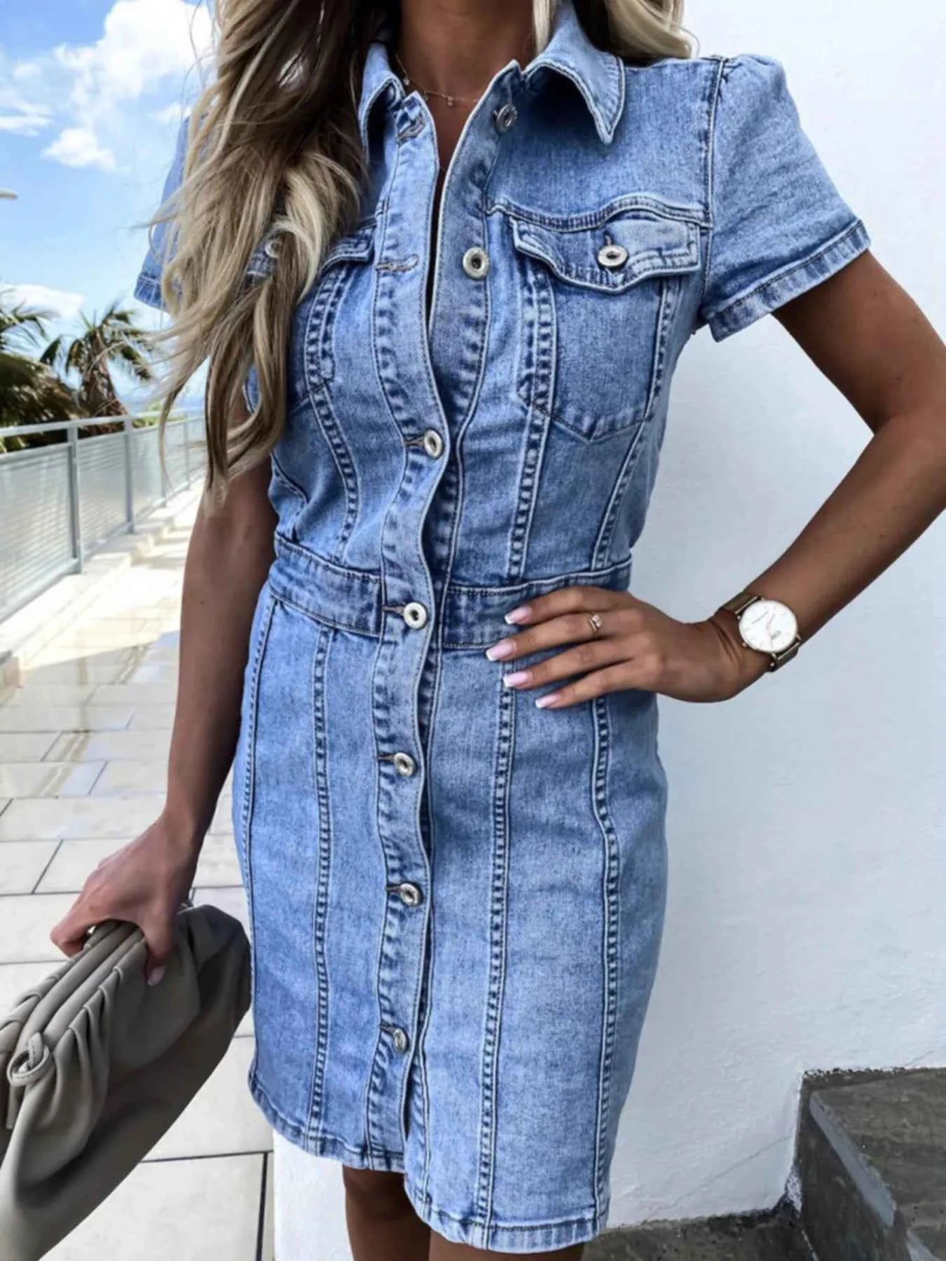 Button Front Short Sleeve Denim Dress