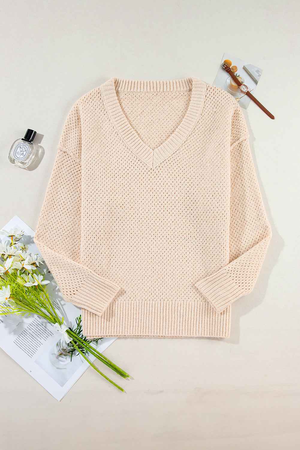 Solid Eyelet V-Neck Drop Shoulder Sweater