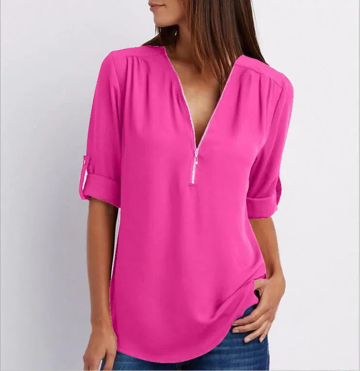 Plus Size V-Neck Long Sleeve Zip Chiffon Blouse