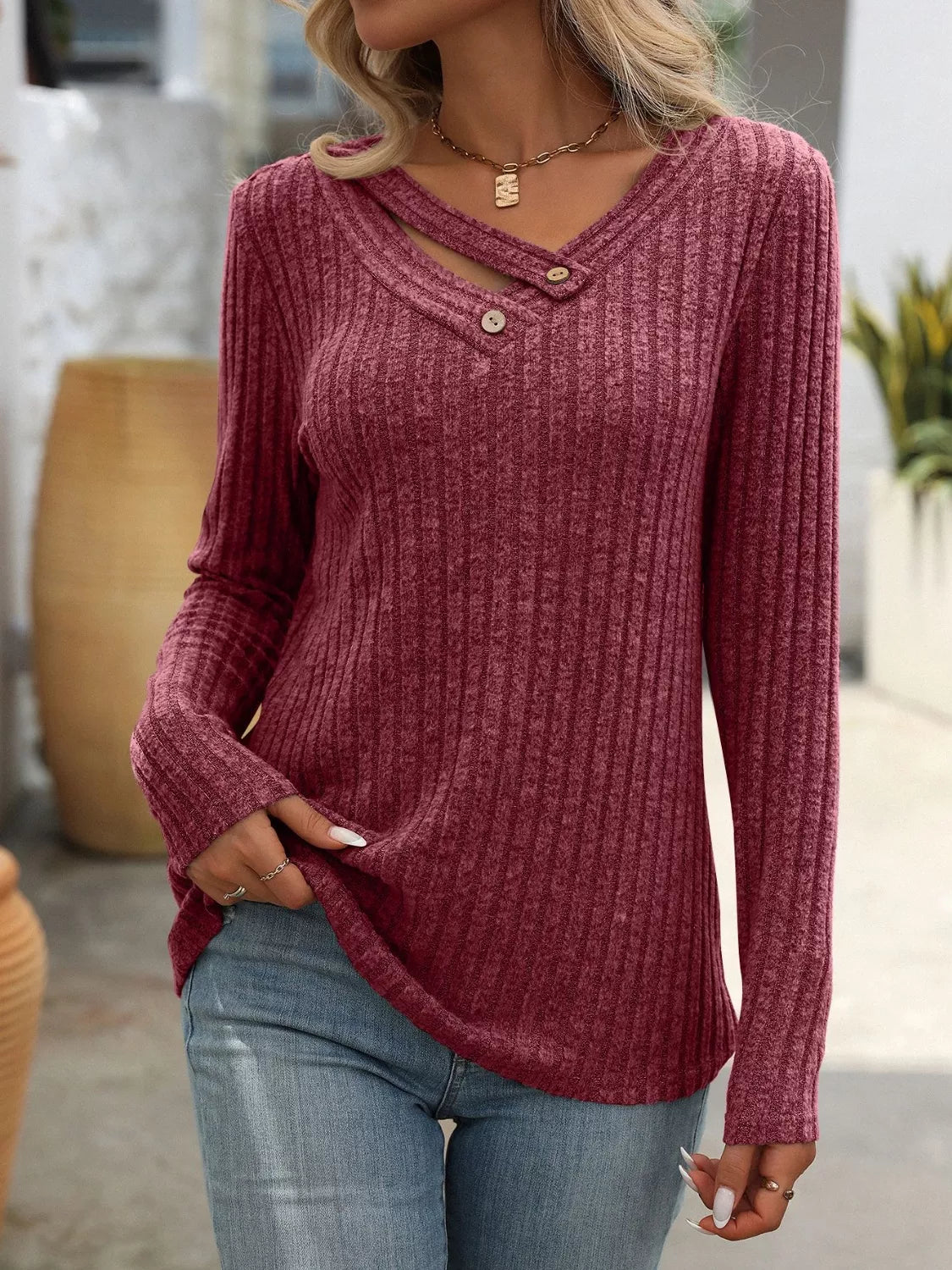 Ribbed Knit Long Sleeve Button Detail Sweater