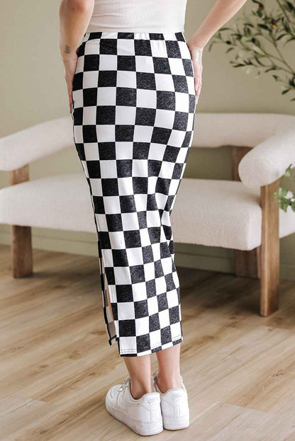 Checker Side Slit High Waist Midi Skirt