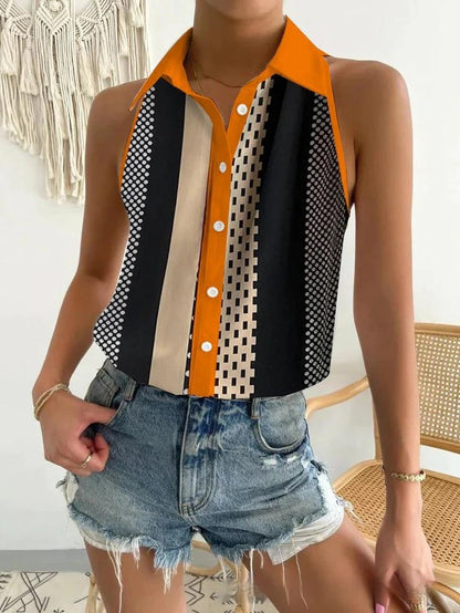 Fold Collar Sleeveless with Collar Women's Blouse