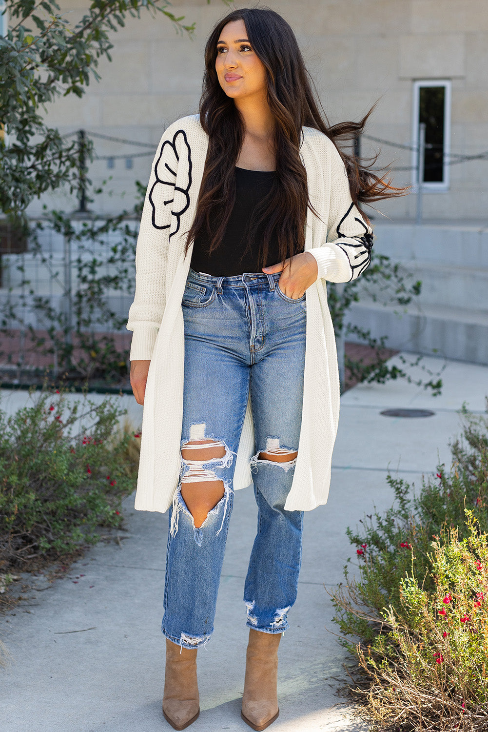 Flower Embroidered Duster Cardigan - Drop Shoulder Black