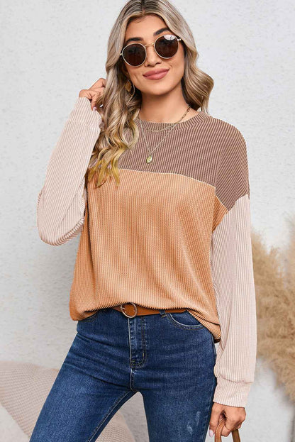 Khaki Color Block Ribbed Loose Long Sleeve Women's Top