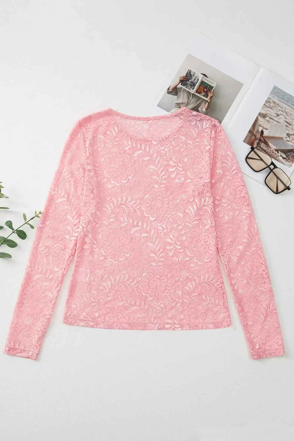 Lace Flower Round Neck Long Sleeve Women's Top