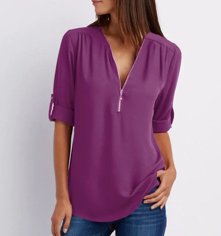 Plus Size V-Neck Long Sleeve Zip Chiffon Blouse