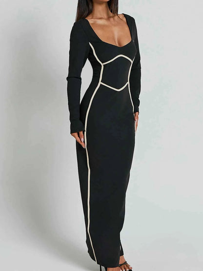 Contrast Trim Long Sleeve Bodycon Maxi Dress