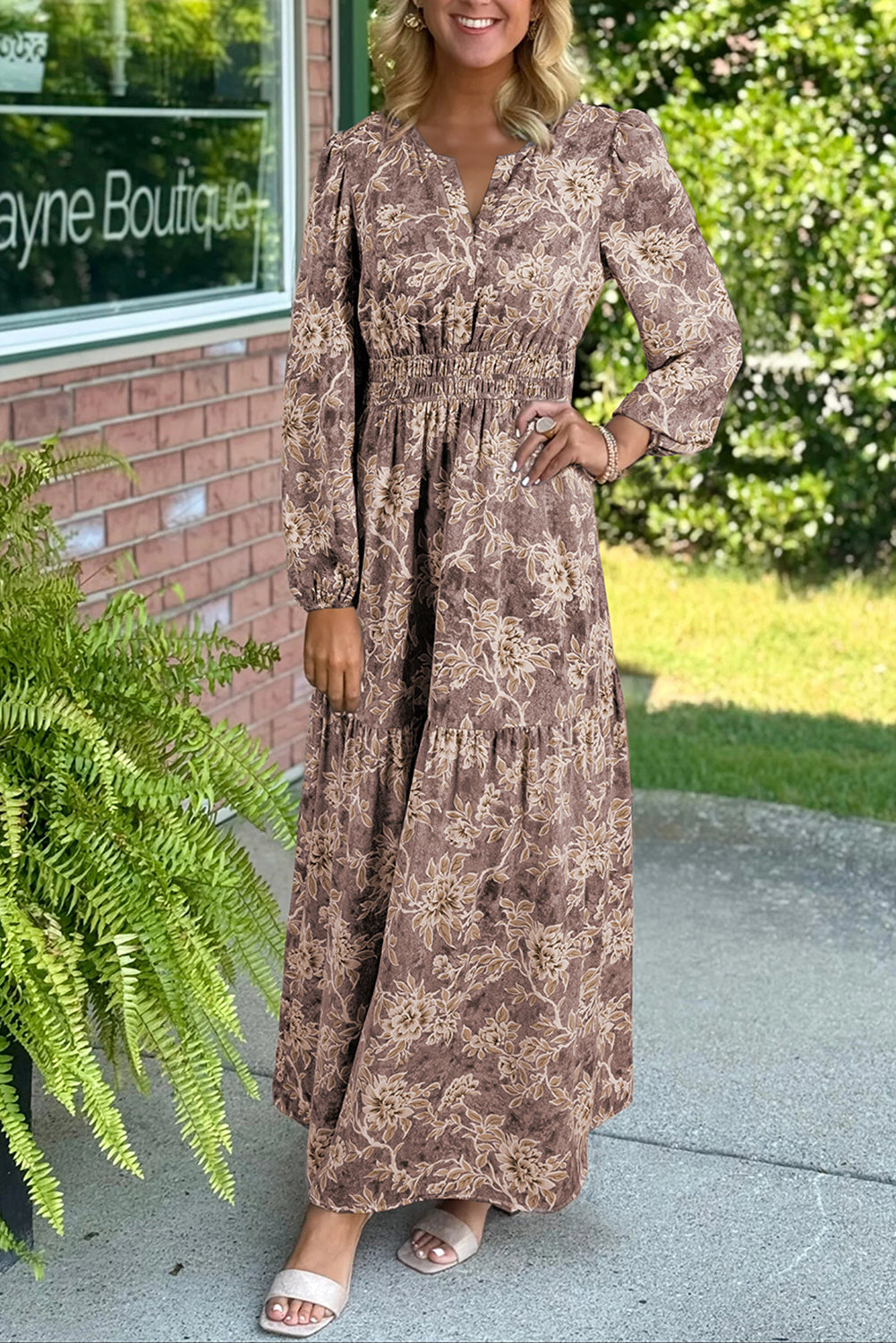 Sky Blue Floral Smocked High Waist Long Sleeve Maxi Dress