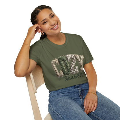 Cozy Season Women's T-Shirt — Plaid Knit Lettering Fall Graphic Tee