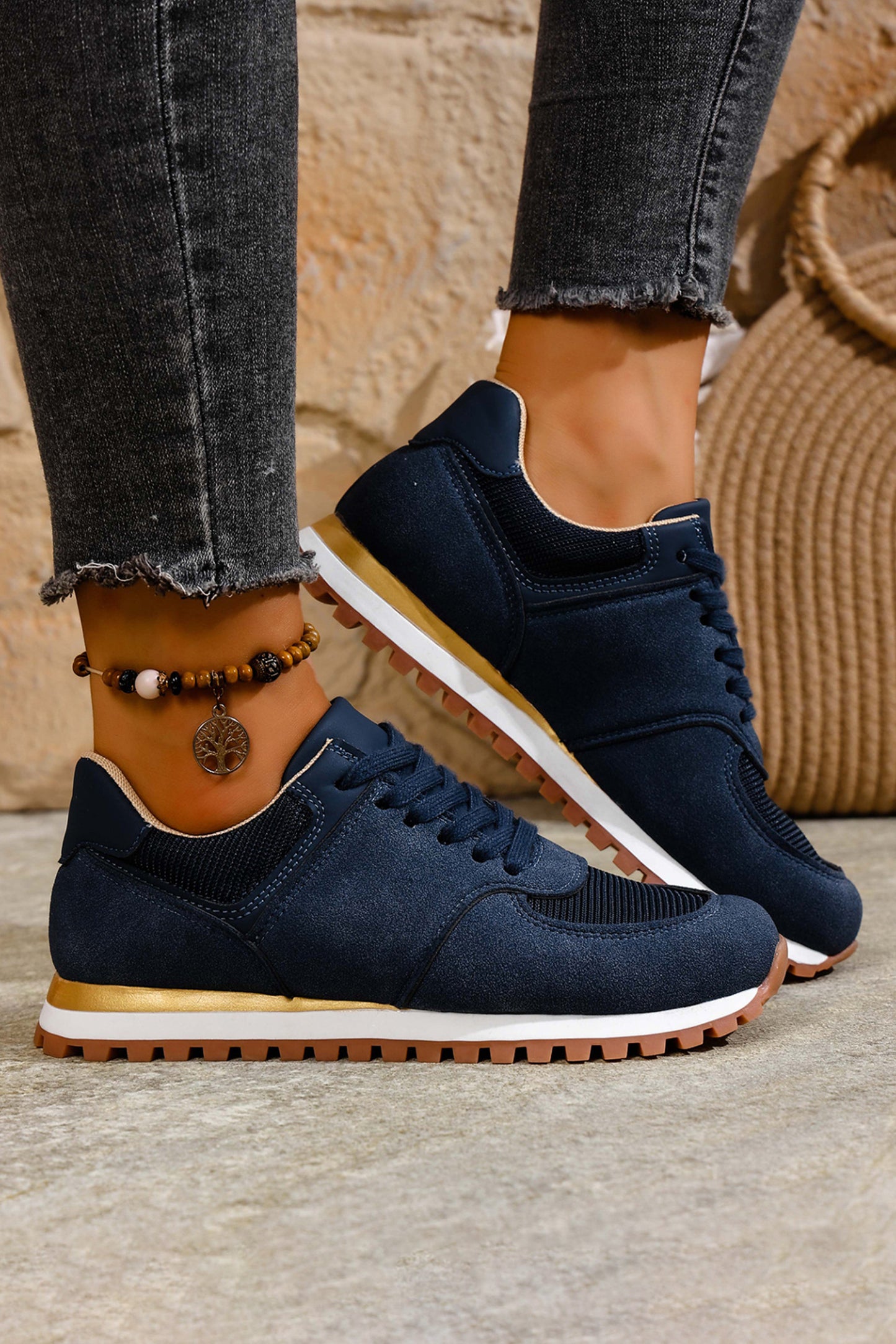 Navy Blue Faux Suede Mixed Patchwork Retro Jogger Sneakers