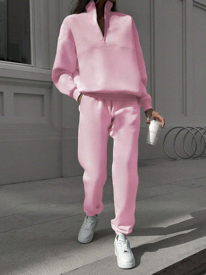 Long-sleeved Sports Sweatsuit Stand-up Collar Zip-up Top And Elastic Band Trousers With Pocket - The Eggy's store