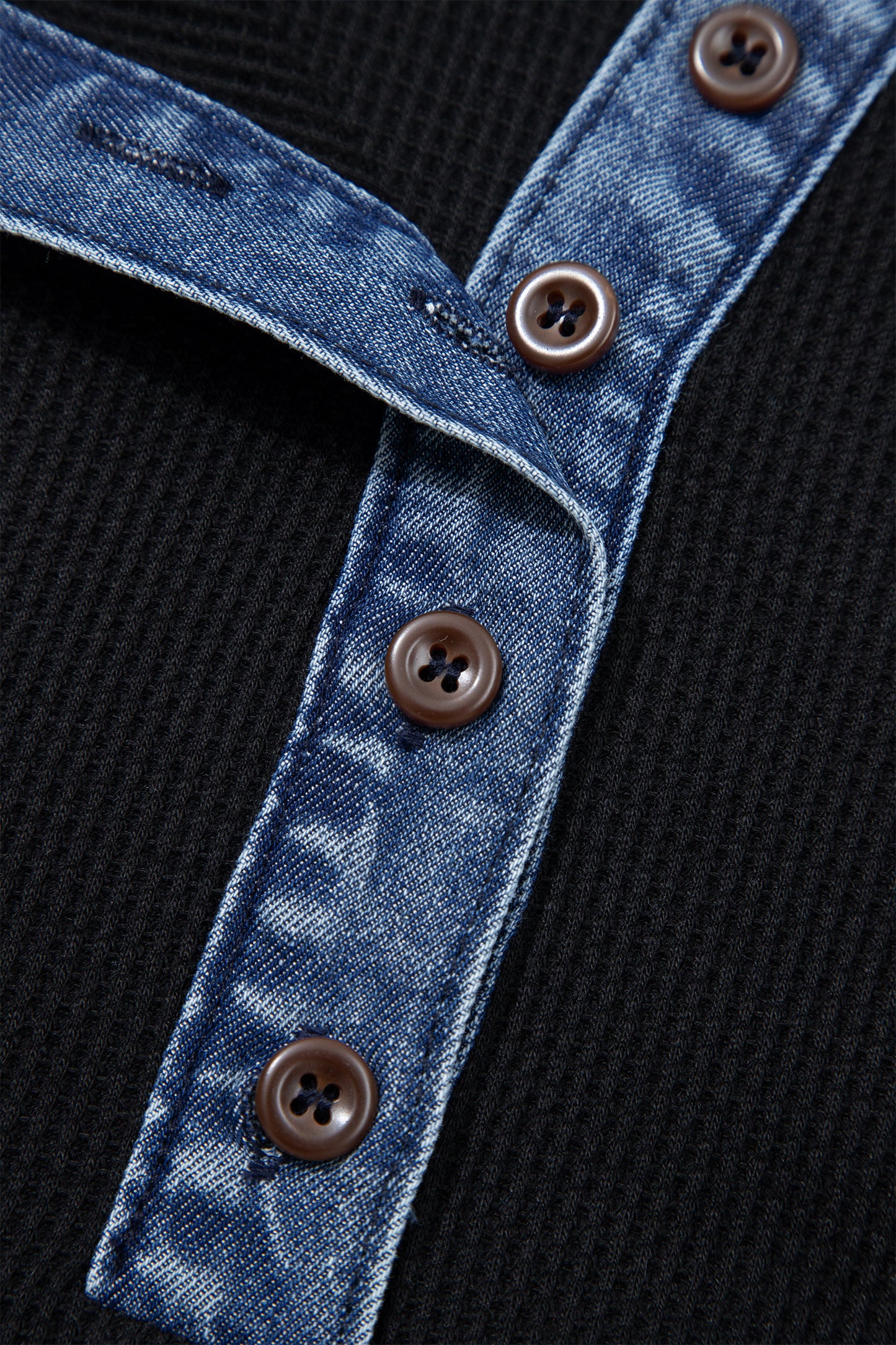 Waffle Knit Polo Top with Denim Trim
