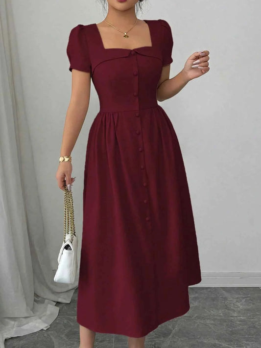 Square Neck Puff Sleeve Midi Dress