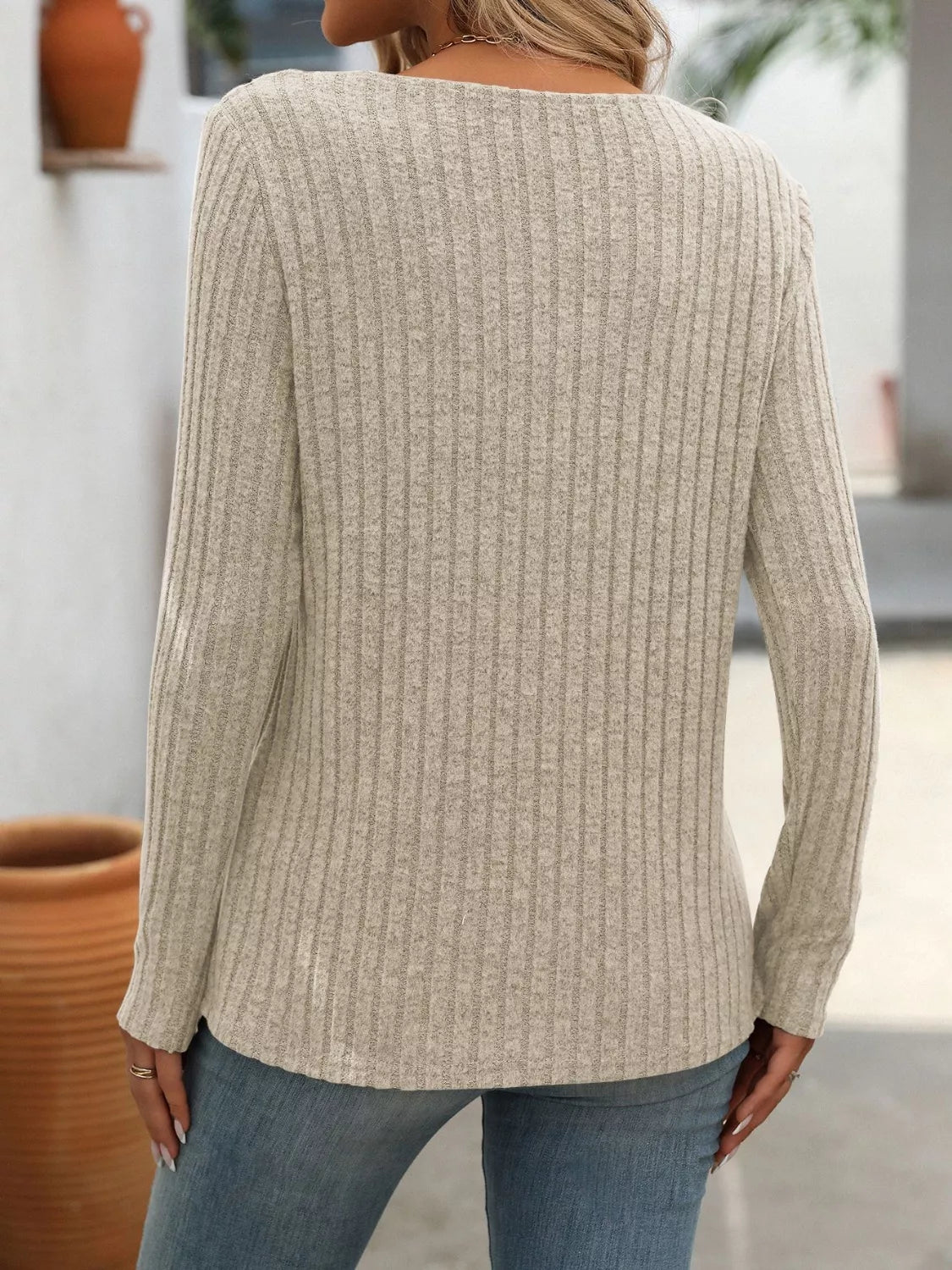 Ribbed Knit Long Sleeve Button Detail Sweater