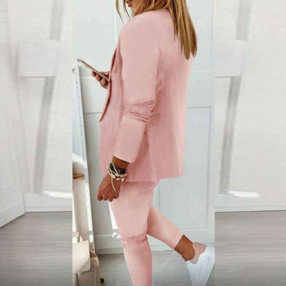 Women's Solid Color Long Sleeve Suit Set - Stylish Notch Lapel Blazer With Pockets & Drawstring Waist Pants, Spring&Fall Business Casual Outfit