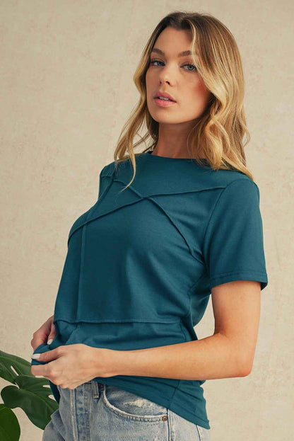 Dirty Blue Solid Color Round Neck T Shirt