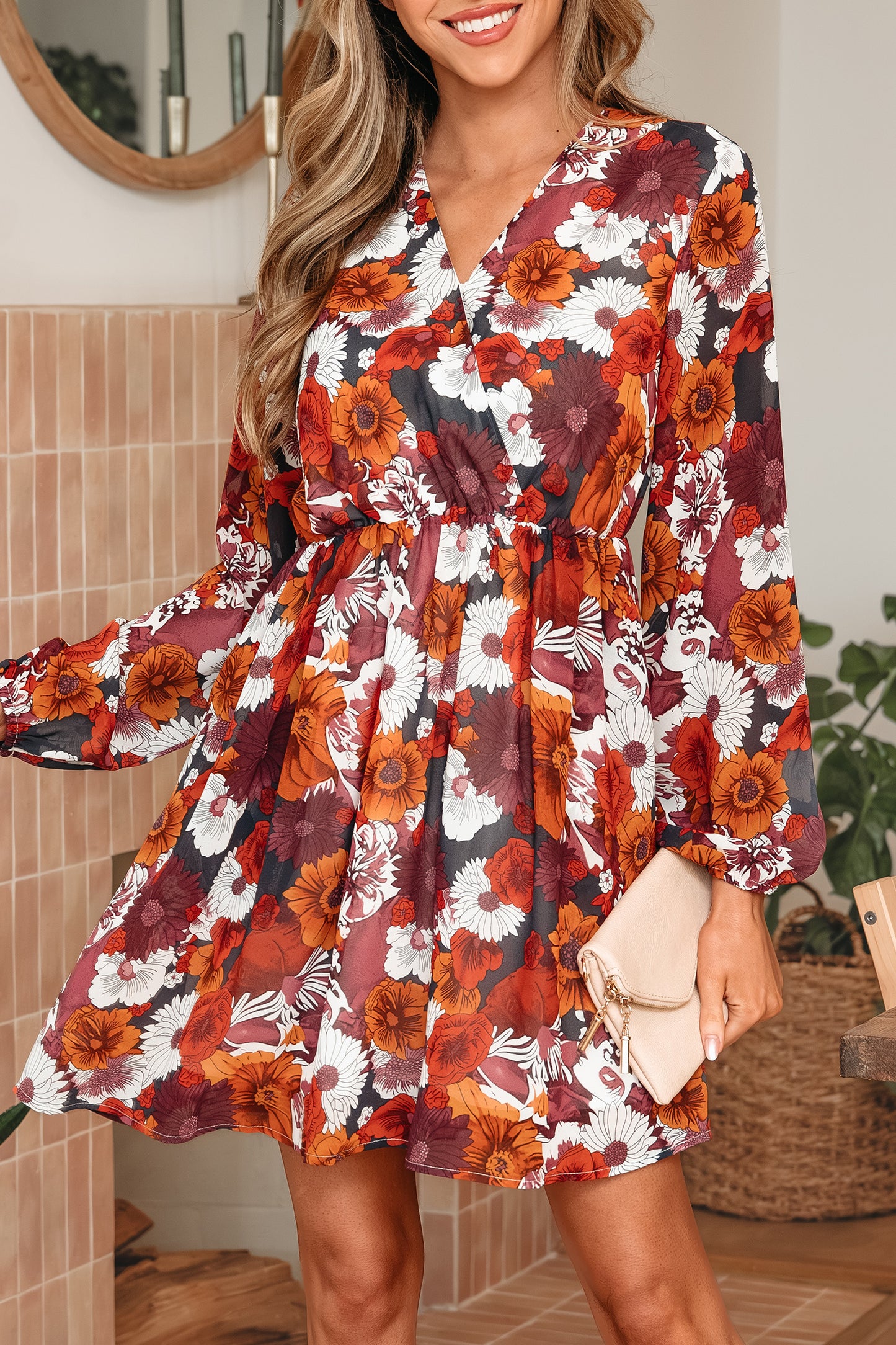 Red Floral Wrap V-Neck Puff Sleeve Mini Dress
