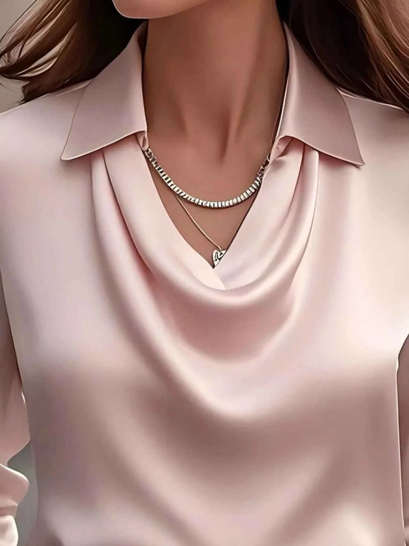Satin Collar Long Sleeve Blouse for Women Office Wear