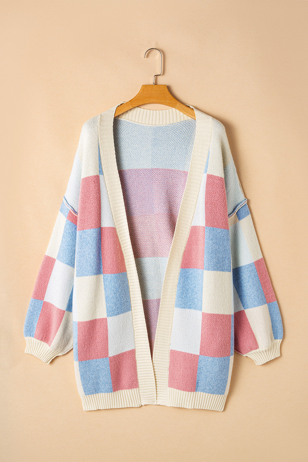 Checkered Drop Shoulder Open Front Cardigan