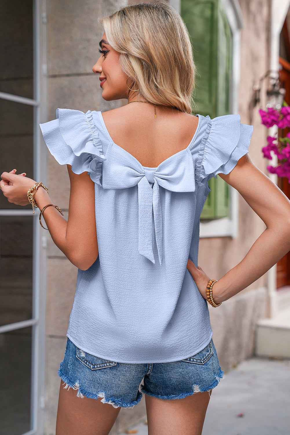 Beige Textured Bow Frilled Ruffle Sleeve Blouse