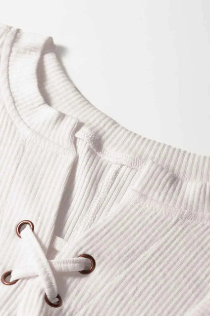 Ribbed Texture Lace Patchwork Short Sleeve Top