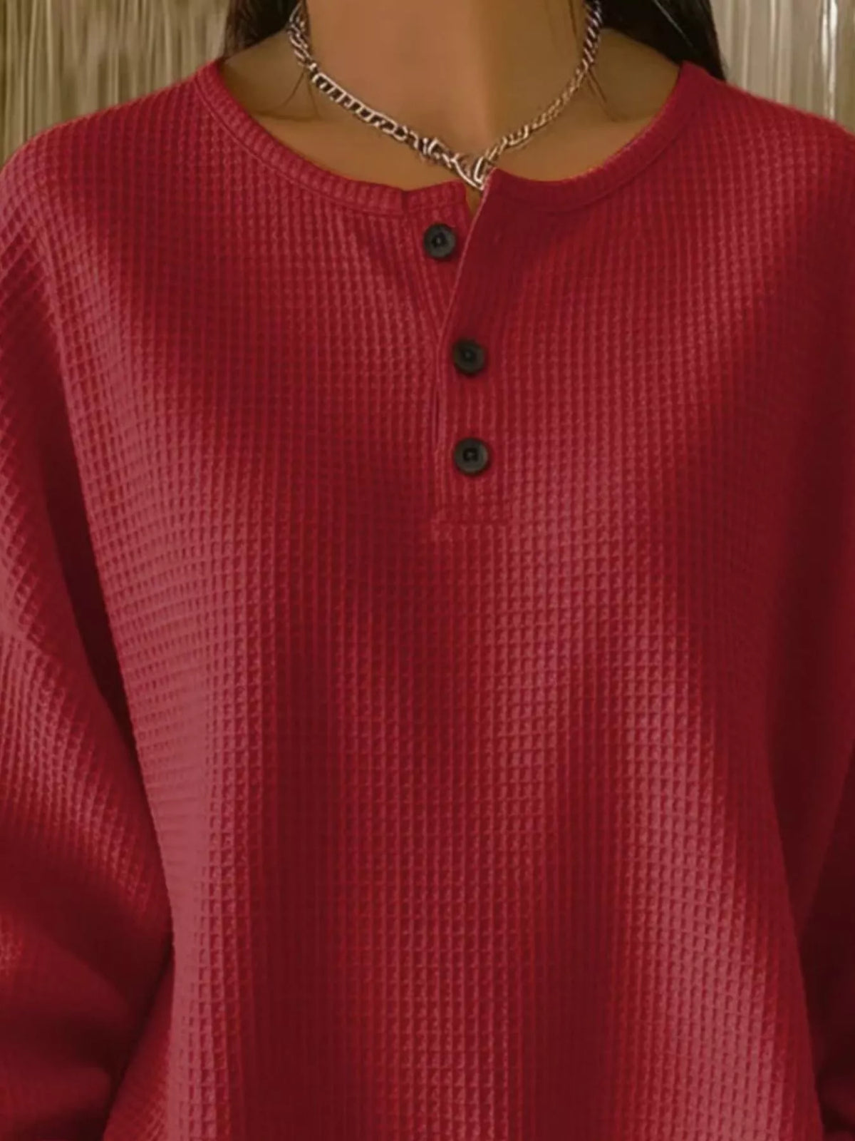 Waffle Knit Button Detail Pullover