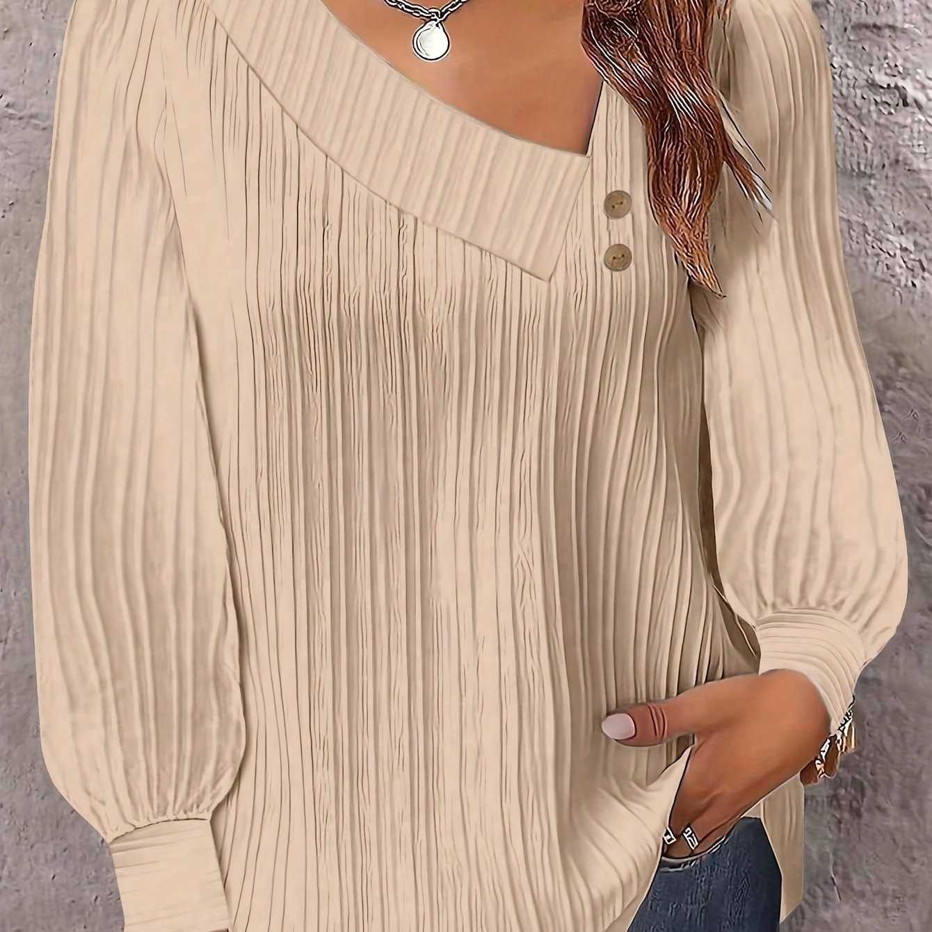 Plus Size Chic V-Neck Blouse with Decorative Button