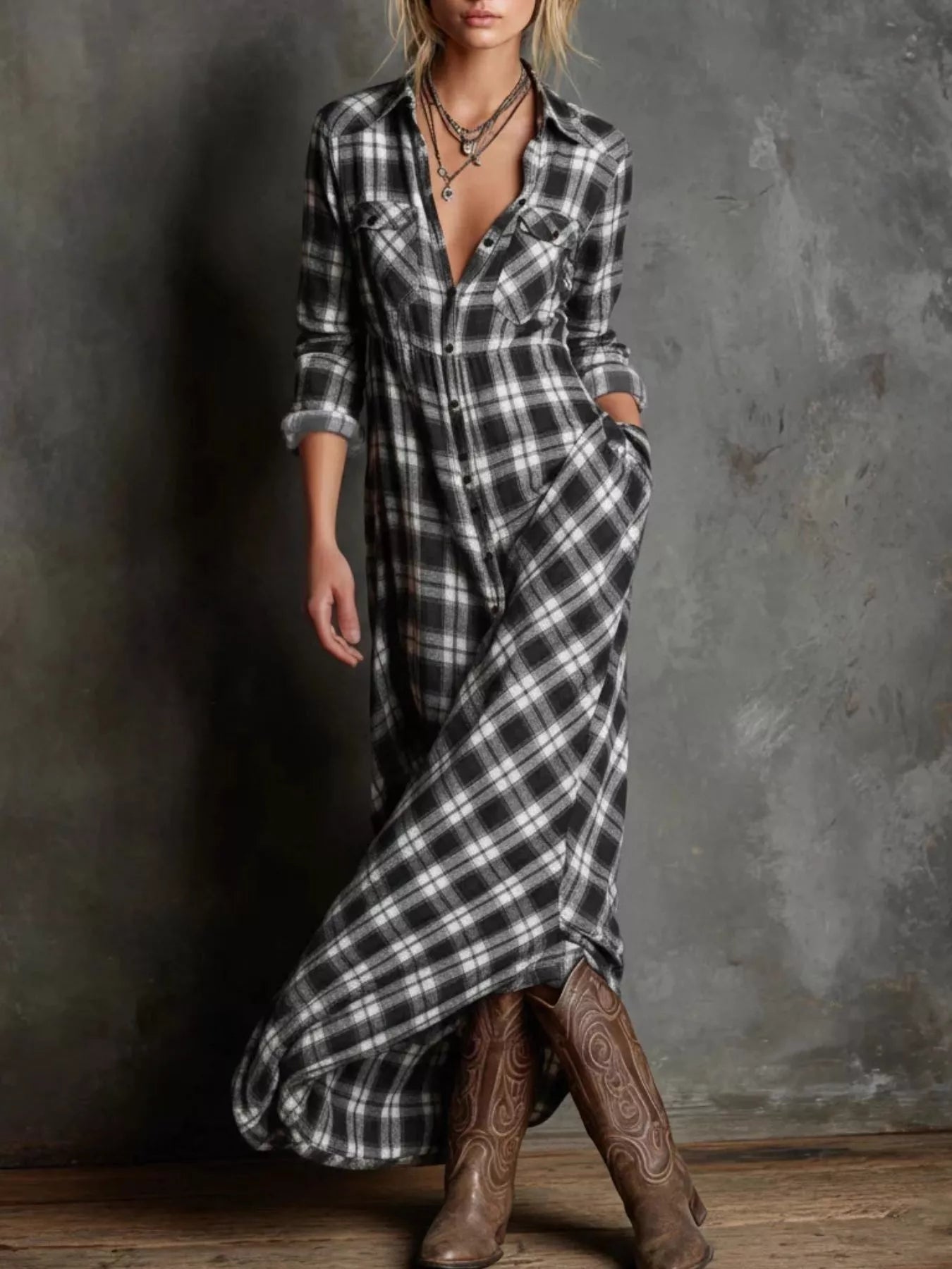 Plus Size Plaid Button-Down Maxi Dress