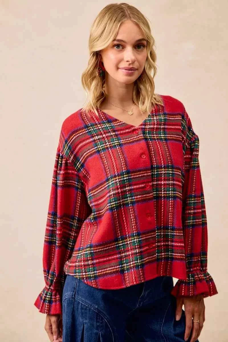 BiBi Christmas Plaid V-Neck Flounce Sleeve Jacket