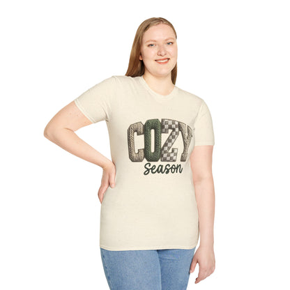 Cozy Season Women's T-Shirt — Plaid Knit Lettering Fall Graphic Tee