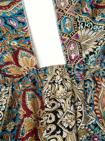 Women Print Maxi Dress with Tie Detail - High Waisted Cross Halter Neck, Flowing Teal & Brown Paisley Vacation Gown, Machine Washable Summer Fashion - The Eggy's store
