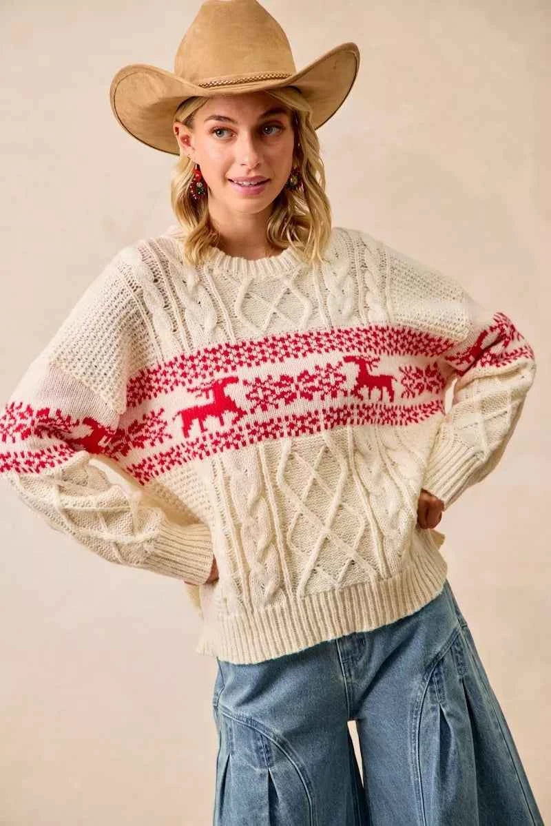 BiBi Christmas Theme Patterned Cable Knit Sweater