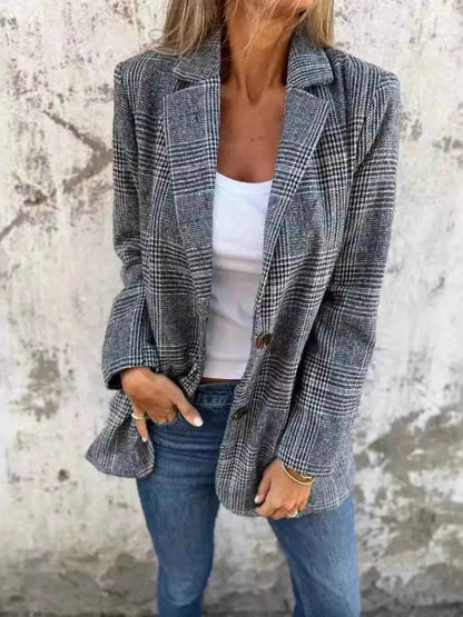 Full Size Plaid Single-Breasted Long Sleeve Blazer Plus Size