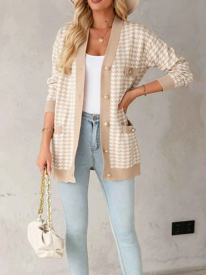 Contrast Edge Metal Button Slim Cardigan with Pockets