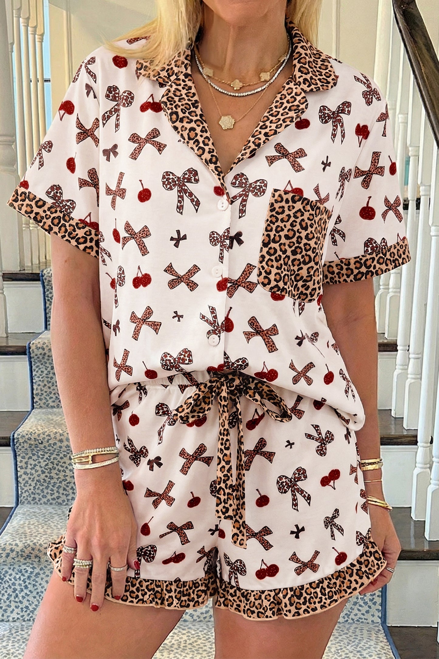 White Chic Bow Cherry Printed Leopard Patchwork 2 Piece Sleepwear