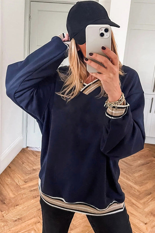 Navy Blue Varsity Contrast Striped Trim V Neck Women's Sweatshirt